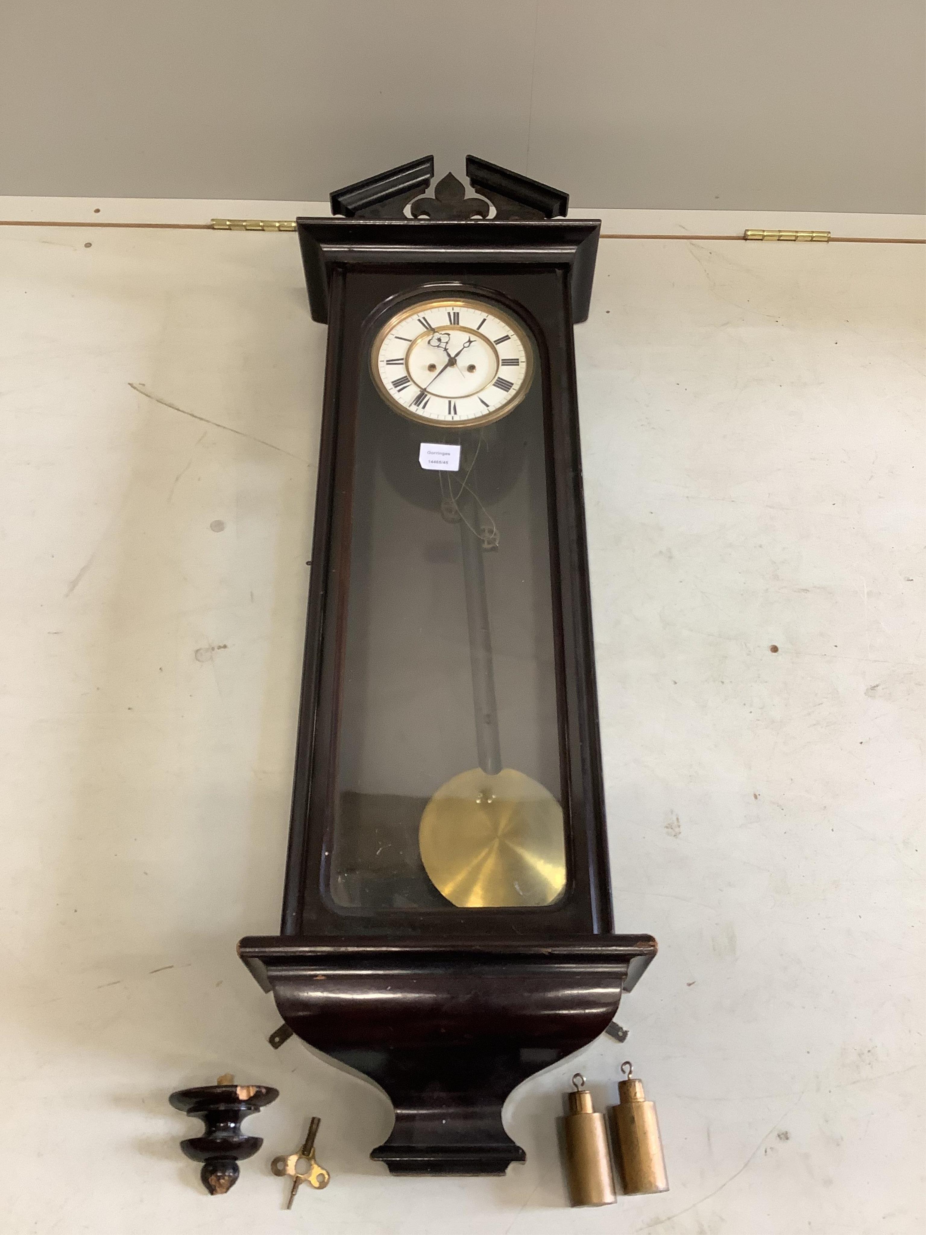 A 19th century ebonised Vienna regulator wall clock, height 105cm. Condition - fair